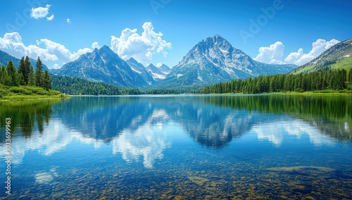 Serene mountain lake reflection. Concepts of nature, landscape, travel, tranquility