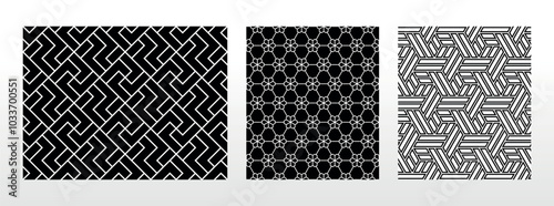 Geometric set of seamless black and white patterns. Simple vector graphics.