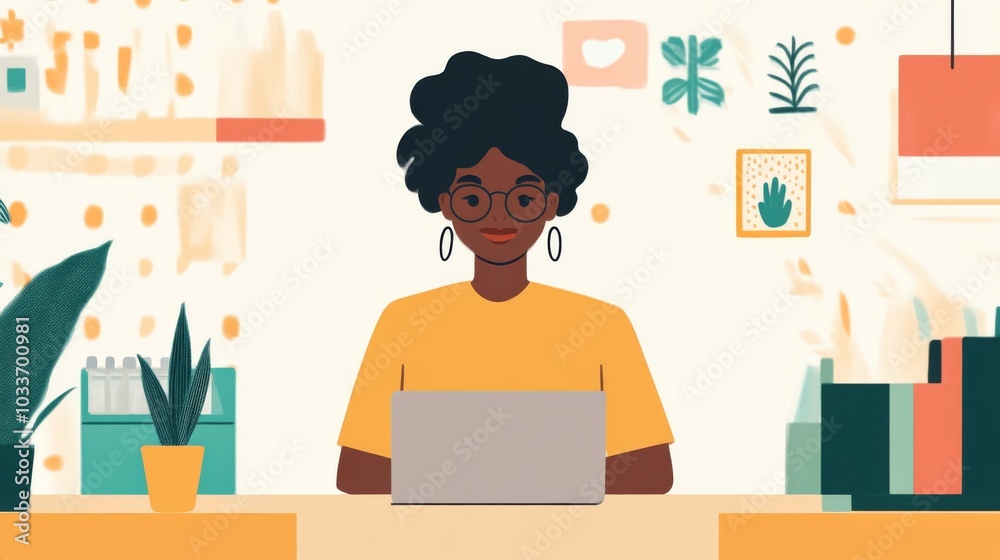 Smiling Woman Working on Laptop at Desk Smiling Woman Working on Laptop at Desk