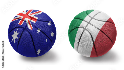 basketball balls with the national flags of italy and australia on the white background. photo