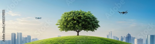 A lone tree stands atop a green hill against a blue sky, with drones flying above a modern city skyline.