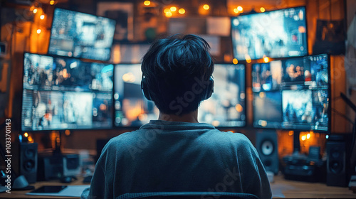 Back view of a man observing multiple screens in a dark room, surrounded by various monitors displaying different footage, depicting surveillance or media monitoring