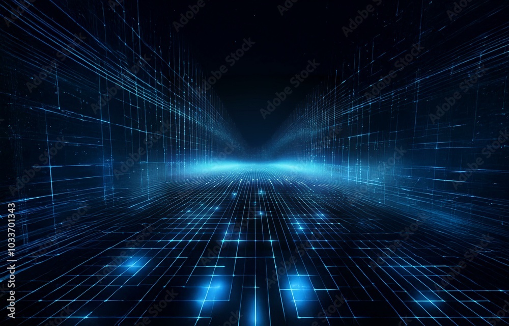 A glowing blue grid forms a receding perspective. The lines extend into the dark space, creating a sense of depth and the feeling of endless possibility. A glowing blue grid forms a receding perspective. The lines extend into the dark space, creating a sense of depth and the feeling of endless possibility.
