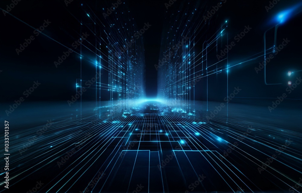 Blue glowing lines form a grid, creating a futuristic and abstract perspective. Blue glowing lines form a grid, creating a futuristic and abstract perspective.
