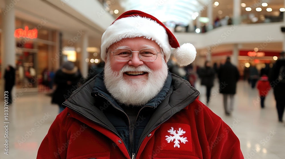 A cheerful boy enjoys his time with Santa Claus, both sharing a moment of laughter in a festive mall decorated for the holiday season