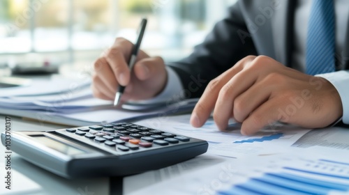 Businessman Analyzing Financial Data with Calculator and Charts