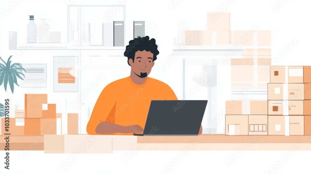 Man Working on Laptop in Home Office with Boxes for Shipping Man Working on Laptop in Home Office with Boxes for Shipping
