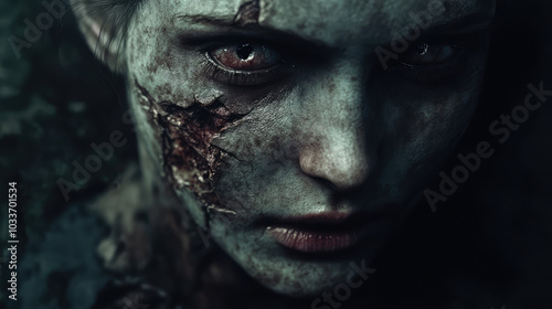 Close-up of a ghost with hollow, cracked eyes, its decayed face twisted in terror, an eerie glow from its rotting skin casting ominous shadows on its horrifying expression.