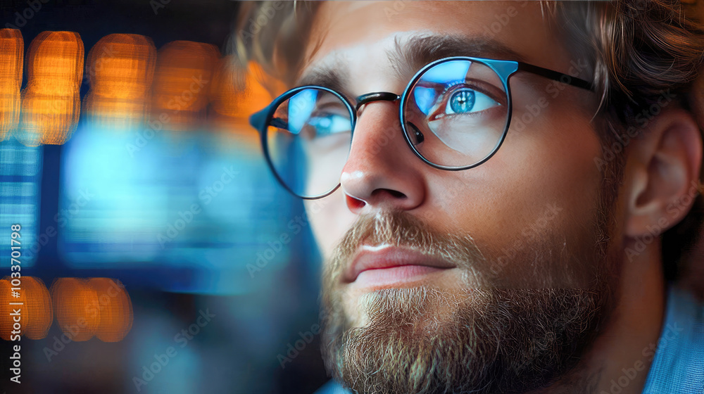 Close-up of a bearded man in glasses with blue reflections from screens, showing focus and contemplation in a high-tech environment Close-up of a bearded man in glasses with blue reflections from screens, showing focus and contemplation in a high-tech environment
