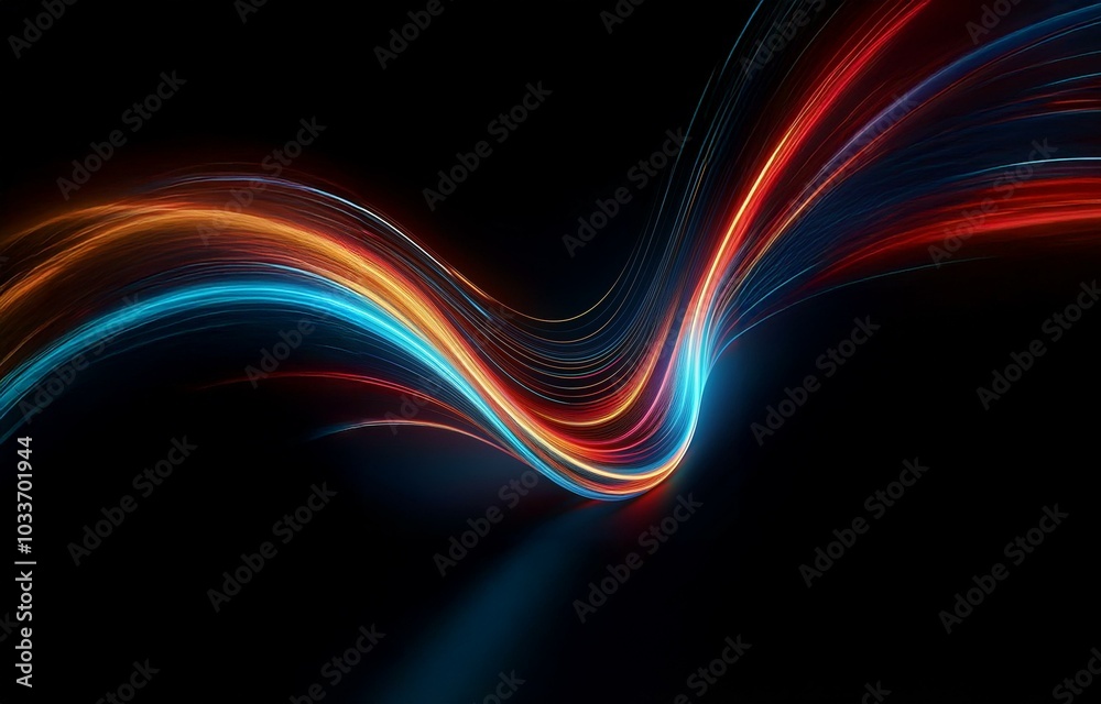 Obraz premium Abstract glowing lines in red, orange, and blue curve across a black background.