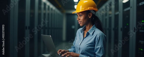 African American woman working on laptop in data center with hard hat during tech project