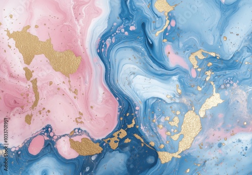 Abstract pink and blue marble ink like liquid texture with gold splashes, luxury background photo