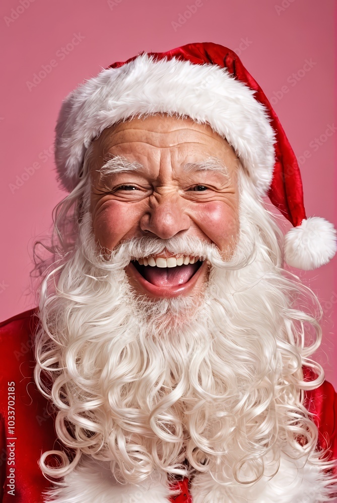 Cheerful man dressed as Santa Claus smiles joyfully against pink background during the holiday season Cheerful man dressed as Santa Claus smiles joyfully against pink background during the holiday season