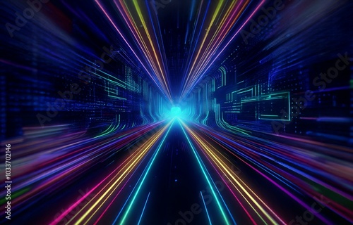 Abstract digital tunnel with glowing neon lines and streaks.