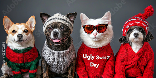 Obraz na płótnie A fun image of cats and dogs wearing colorful ugly sweaters, celebrating