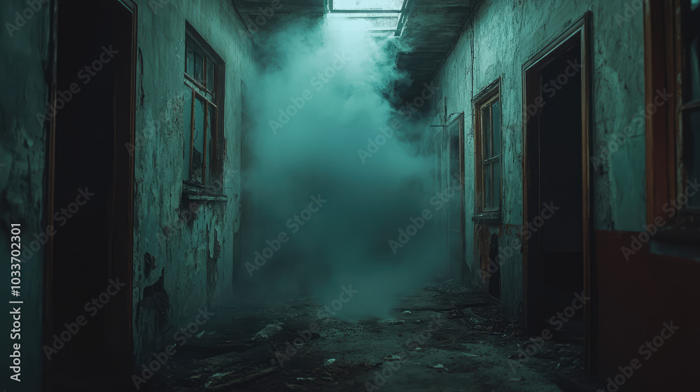 A dark hallway with smoke and a door in the middle A dark hallway with smoke and a door in the middle