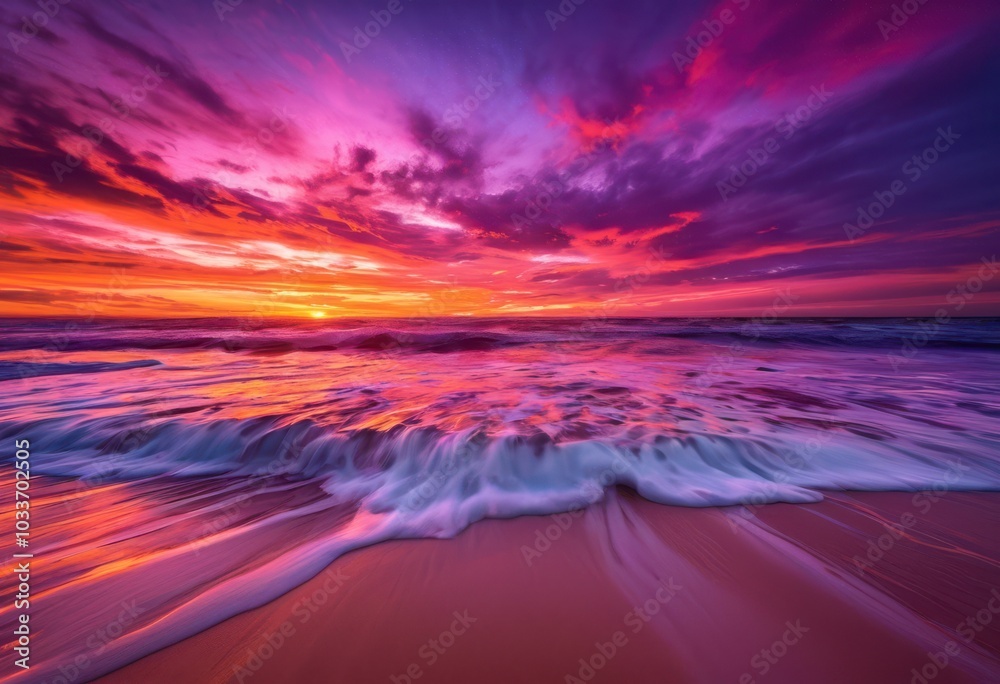 vibrant beach sunset over crystal clear waves featuring fiery skies gentle ocean swells twilight, sea, sand, coastline, horizon, colors, clouds vibrant beach sunset over crystal clear waves featuring fiery skies gentle ocean swells twilight, sea, sand, coastline, horizon, colors, clouds