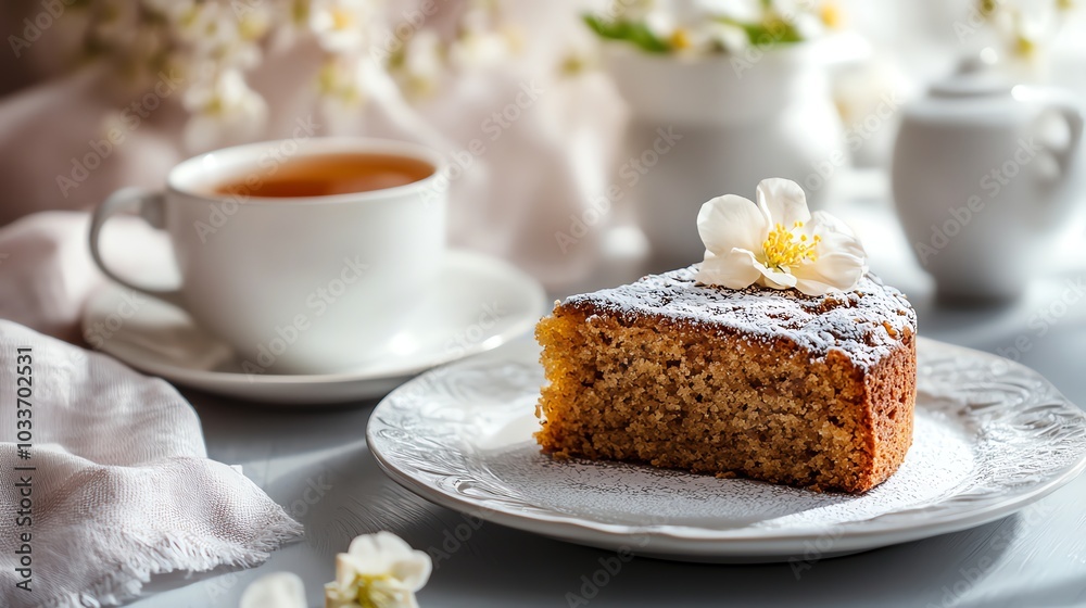 A slice of cake on a plate with a cup of tea next to it. A slice of cake on a plate with a cup of tea next to it.