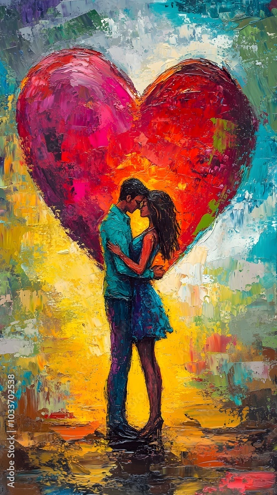 Obraz premium A vibrant painting of two lovers standing in front of an array of colorful hearts, surrounded by swirling colors and glittering sparkles