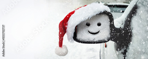 Banner of smiling face (symbol) painted on snow on mirror. Santa hat above the mirror. Christmas, New year, winter, transport concept. Copy space. Empty place.