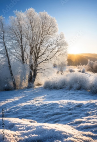 serene winter landscape featuring frosty trees bathed glorious sunlight illuminating tranquil environment, snow, nature, sky, cloud, cold, white, bark
