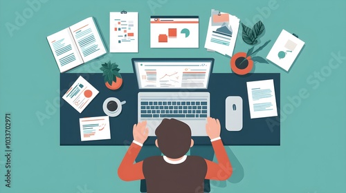 Top View of Person Working on Laptop with Documents and Charts