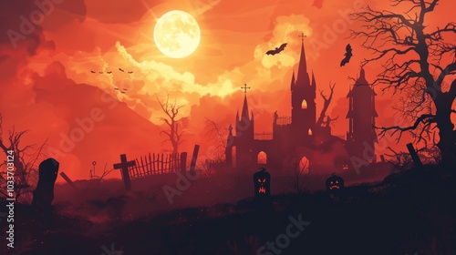 A Halloween background at sunset.  Eerie castle silhouette and flying black bats . Cemetry at sunset. Halloween's celebration concept. Generative AI.