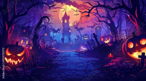 Halloween background at sunset. Halloween eerie pumpkins on the ground, flying black bats. Scaring castle and full orange moon. Cemetry in a full moon. Halloween's celebration concept. Generative AI.
