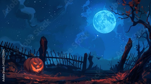Halloween illustartion background. Orange scary  halloween pumpkin with glowing eyes in the forest at night. Halloween decoration and celebration's concept. Generative AI.