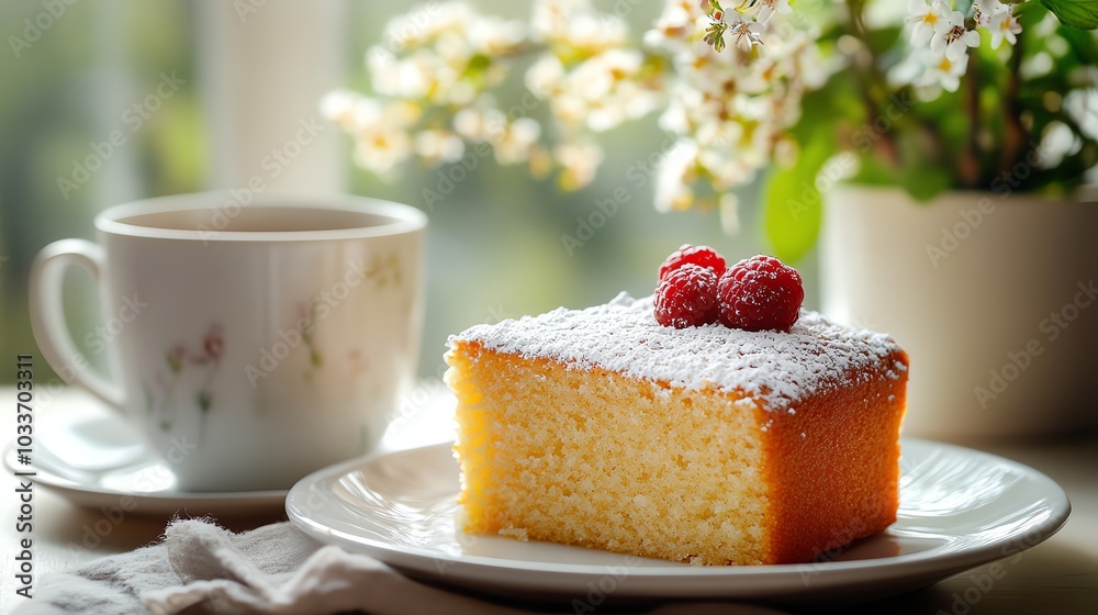 A slice of cake with raspberries and powdered sugar. A slice of cake with raspberries and powdered sugar.