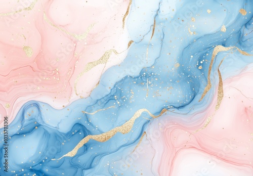 Abstract pink and blue marble ink like liquid texture with gold splashes, luxury background photo