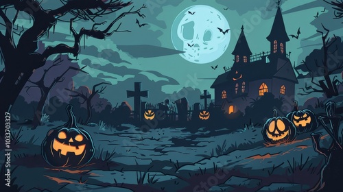 A Halloween background, bats flying around  the dark eerie castle and orange halloween pumpkins on the ground. Cemetry in full moon. Halloween's celebration concept. Generative AI.