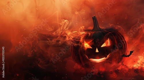 Autumn halloween background. Big scary glowing pumpkin and bat against the background of orange puffs of smoke.  Halloween, Harvest season and Thankgiving day's celebrating concept. Generative AI.