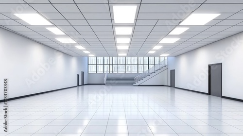 A sleek interior space showcases a minimalistic design with black and white tones. White LED lights illuminate the area, enhancing the modern business environment