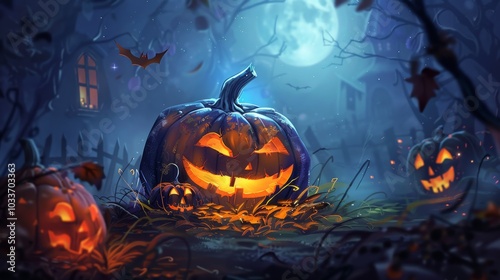Autumn halloween background. Big sparkling pumpkin and flying bats on moon night background. Halloween, Harvest season and Thankgiving day's celebrating concept. Generative AI.
