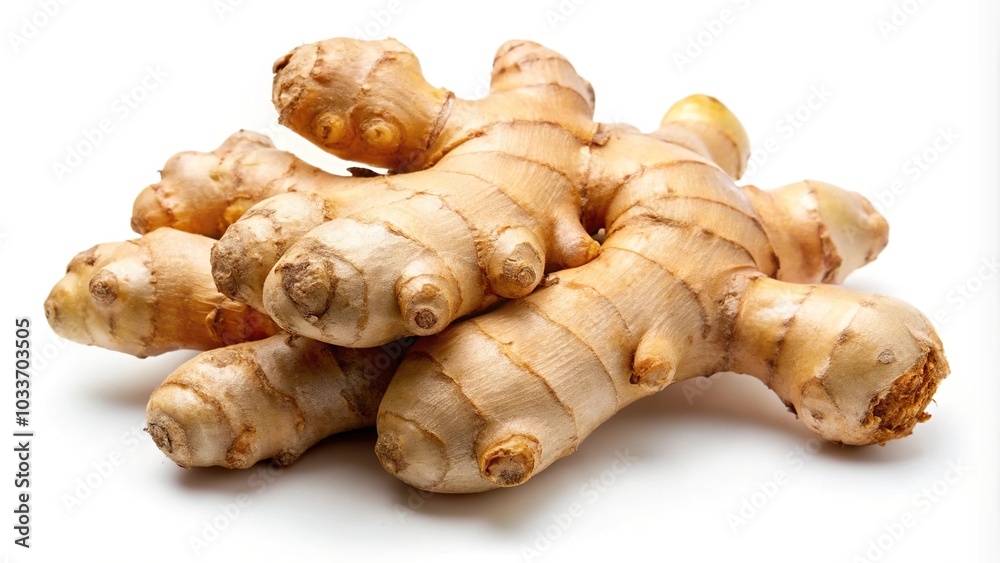 Organic ginger root with a unique tilt angle isolated on white background Organic ginger root with a unique tilt angle isolated on white background