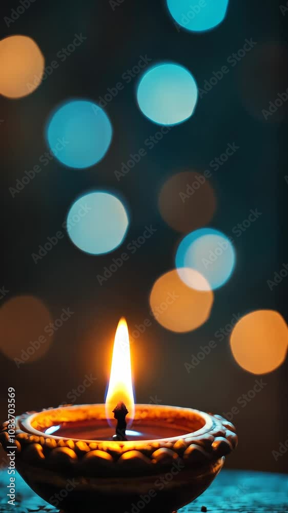 Lit oil lamp with colorful bokeh lights Lit oil lamp with colorful bokeh lights
