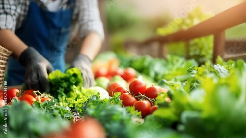 Person Tending to Fresh Vegetables at Market Vibrant Display of Healthy Produce, Including Tomatoes and Greens, Showcasing Beauty of Agriculture and Gardening.