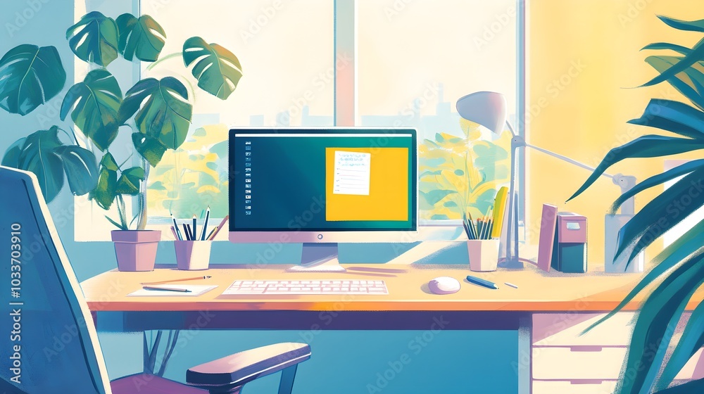 Modern Home Office Desk with Computer and Plants Modern Home Office Desk with Computer and Plants