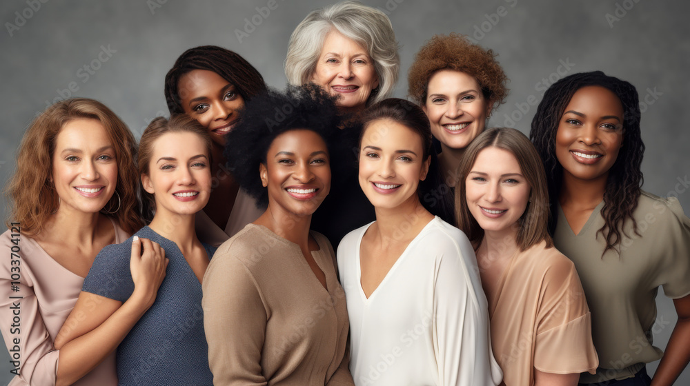 A joyful and diverse group of women, showing a spectrum of ages and hair textures, smiles warmly against a neutral backdrop. A joyful and diverse group of women, showing a spectrum of ages and hair textures, smiles warmly against a neutral backdrop.