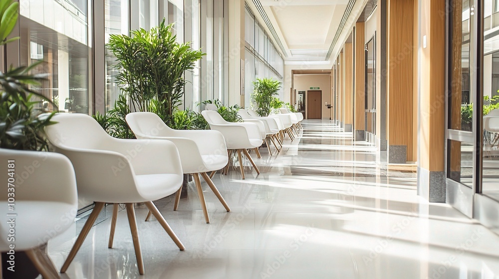 Fototapeta premium Modern Corridor with Minimalist Furniture and Plants