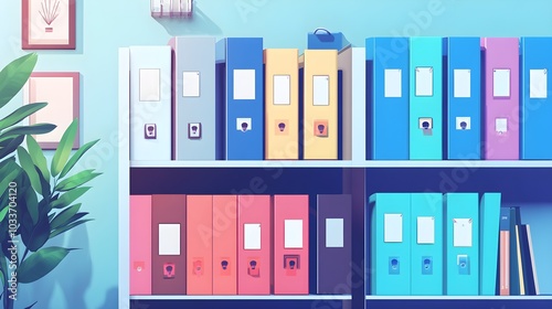 Colorful Office Folders on White Shelf