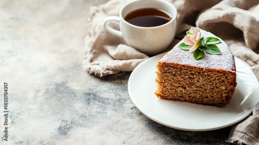 A slice of cake on a plate with a cup of tea next to it. A slice of cake on a plate with a cup of tea next to it.