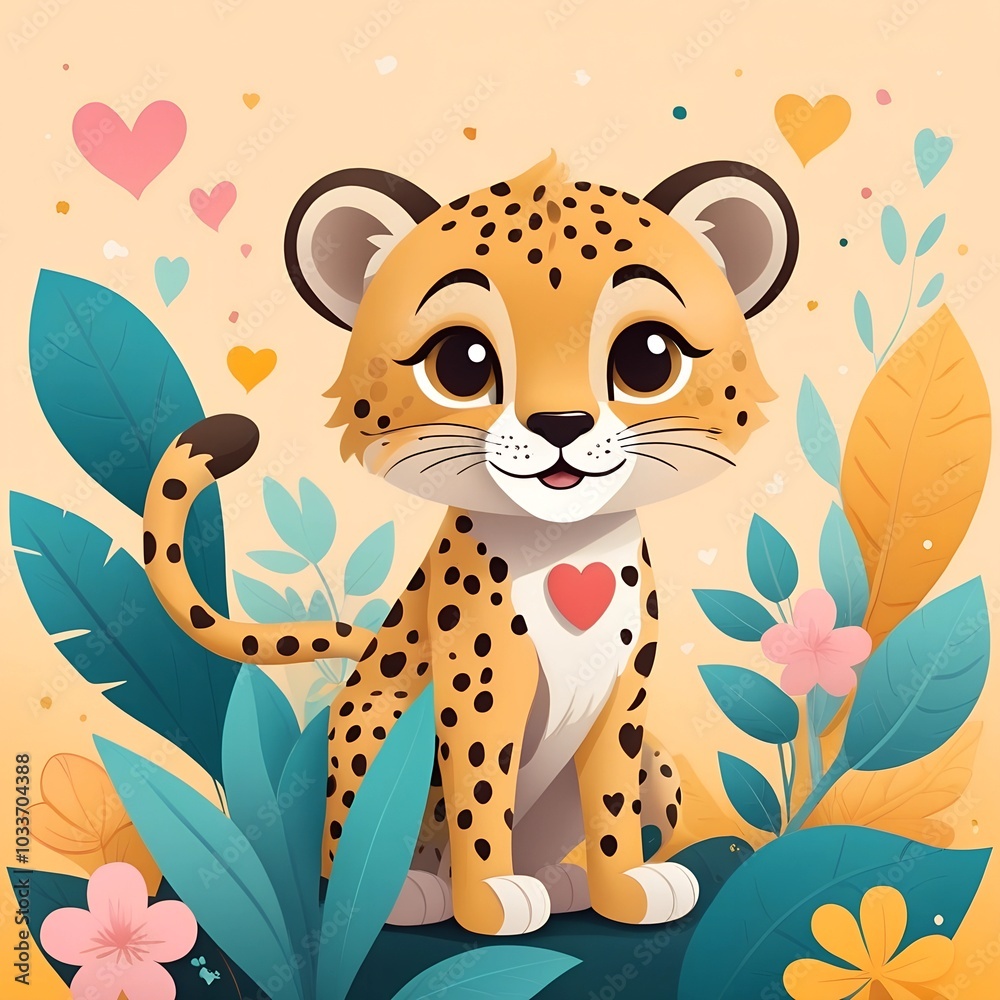 Fototapeta premium Cute cartoon cheetah with flowers and hearts