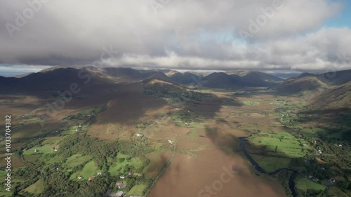 Spectacular 4K aerial footage of mountain valley from above with scenic mountains and countryside,  Maam west, Connemara, Galway, Ireland