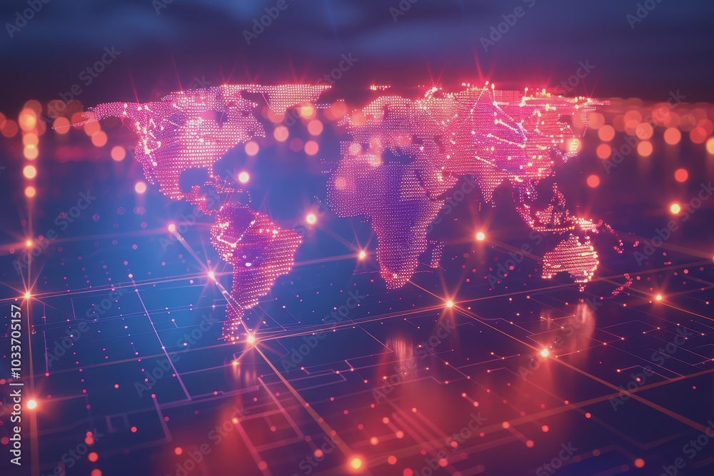 Digital world map, global communication theme, tech background, holographic light. Digital world map, global communication theme, tech background, holographic light.