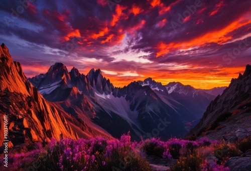 majestic mountain peaks stunning sky backdrop vivid colors dramatic cloud patterns, clouds, blue, orange, white, landscape, nature, horizon, sunset, sunrise