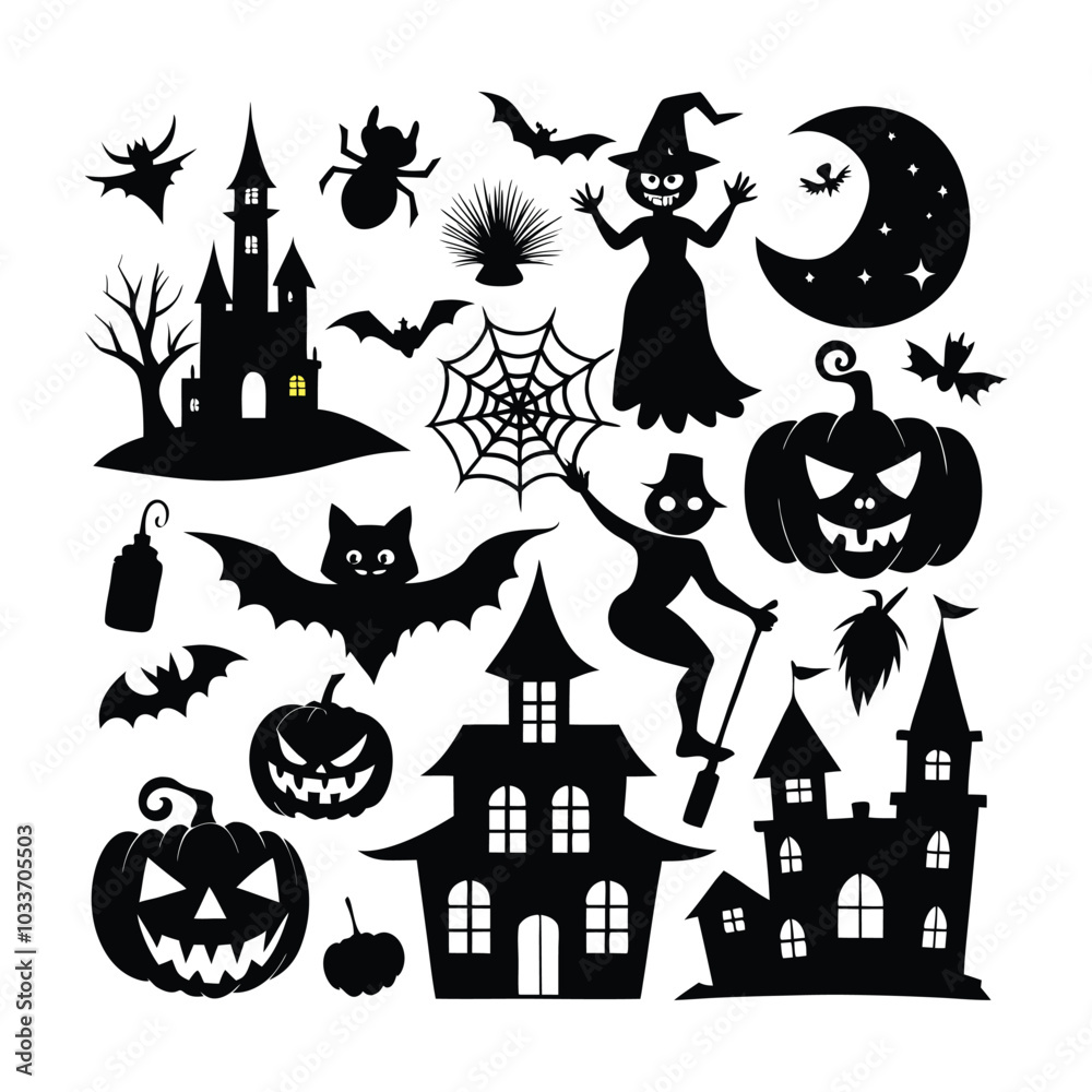 Set of Halloween vector elements like pumpkins, bats, and ghosts on white background Set of Halloween vector elements like pumpkins, bats, and ghosts on white background