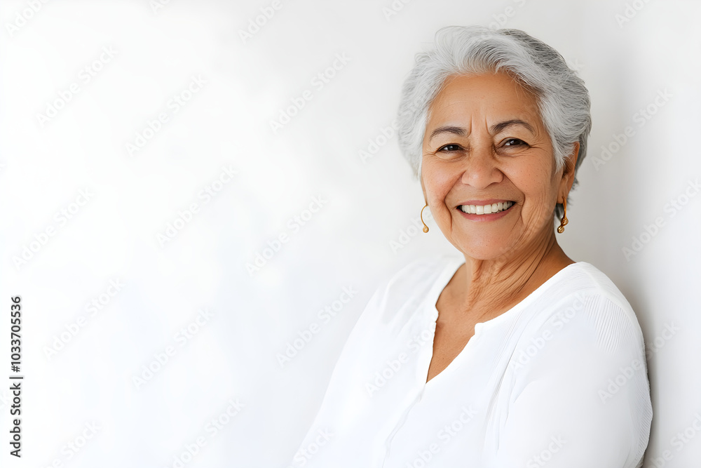 An elderly Latina woman with gray hair smiles warmly, showcasing confidence and joy against a minimalist backdrop An elderly Latina woman with gray hair smiles warmly, showcasing confidence and joy against a minimalist backdrop