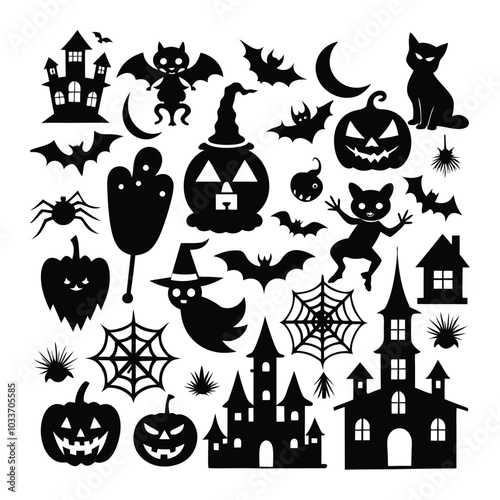 Set of Halloween vector elements like pumpkins, bats, and ghosts on white background